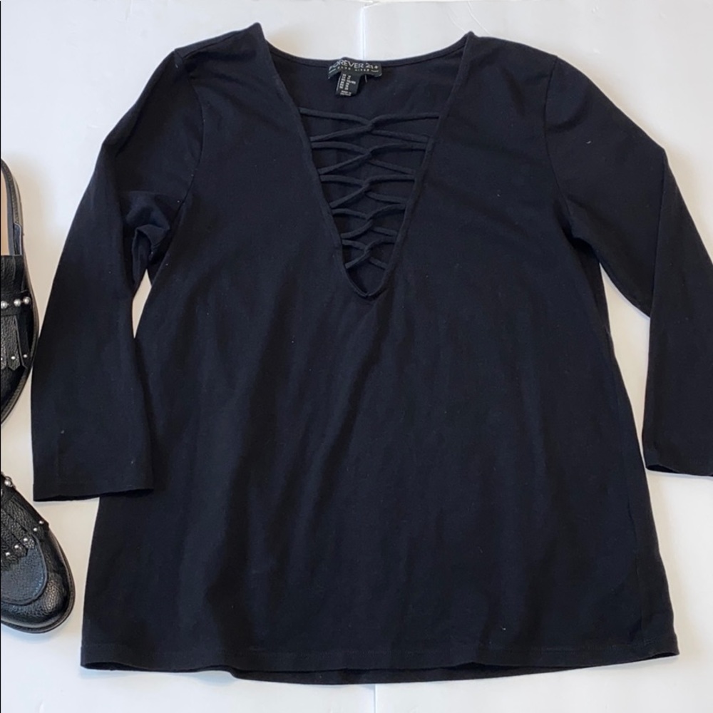 Forever 21 Plus Criss Cross V Neck Black Top 1X